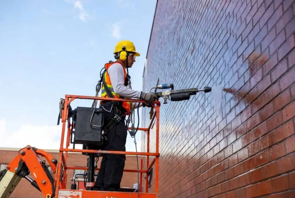 Technician performing masonry waterproofing Indianapolis service on exterior brick building.