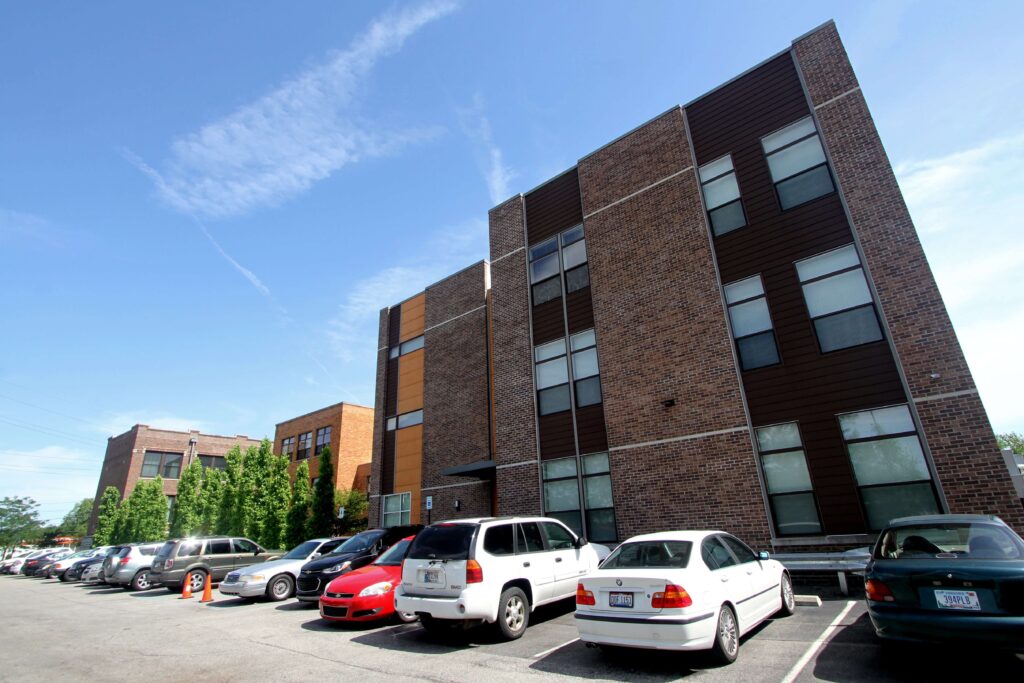 Restored brick commercial building exterior in Indianapolis after professional building restoration Indianapolis work