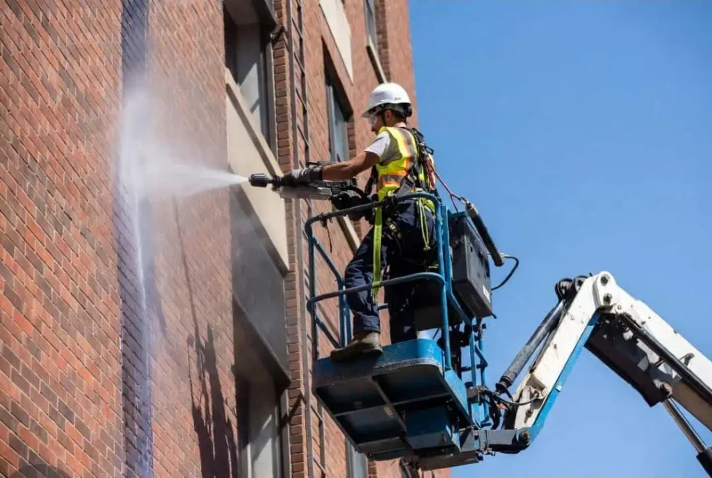 Masonry waterproofing Indianapolis expert pressure washing and sealing exterior brick masonry wall.