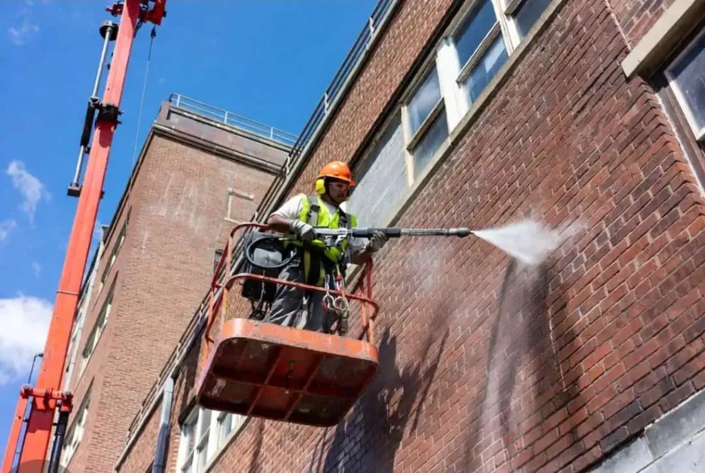 Masonry waterproofing Indianapolis contractor applying waterproof sealant to a commercial brick wall using a lift.